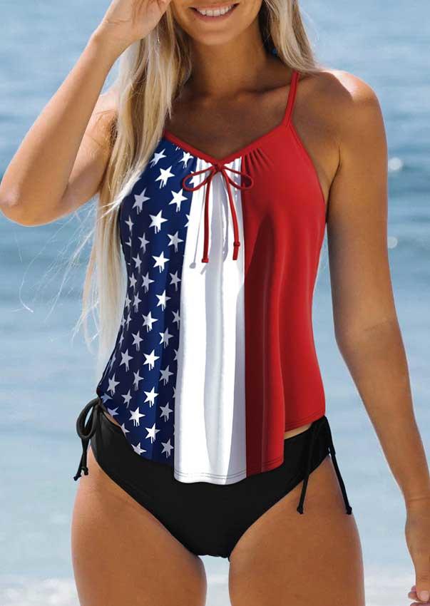 

Tankinis Patriotic Star Color Block Tankini Set in Multicolor. Size: L,M,,XL