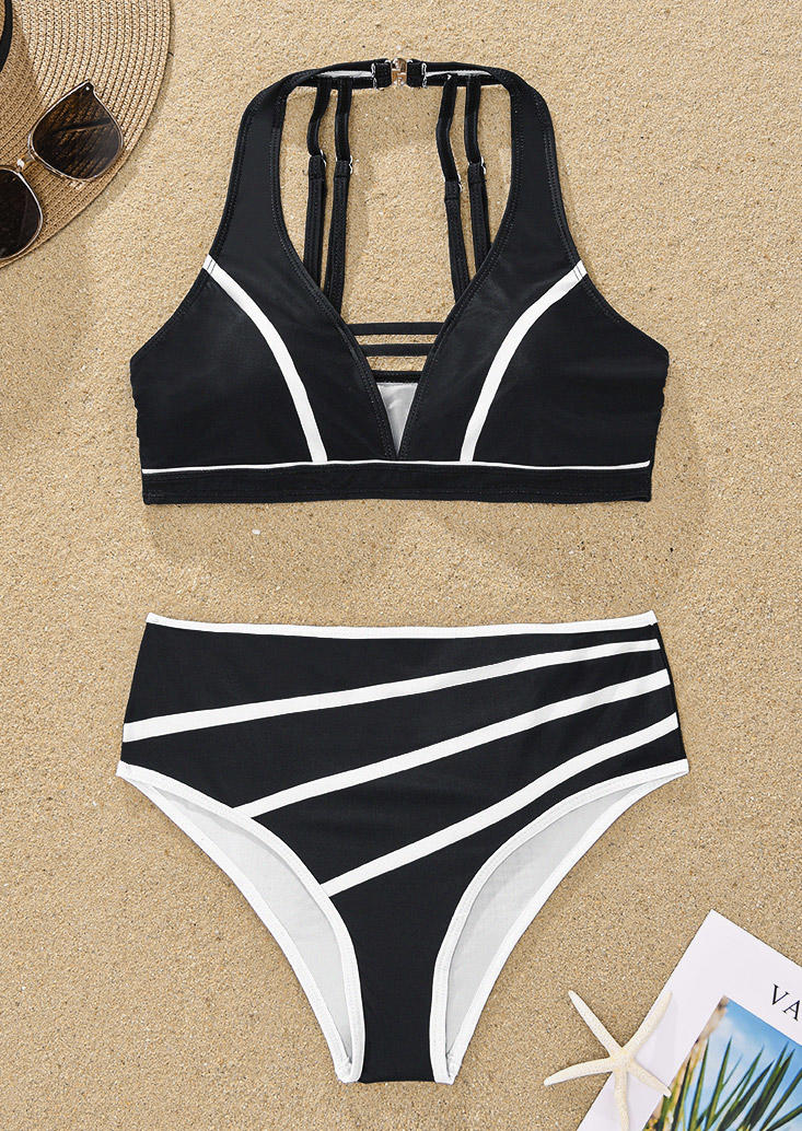 

Bikini Sets Striped Hollow Out Halter Bikini Set in Black. Size: M