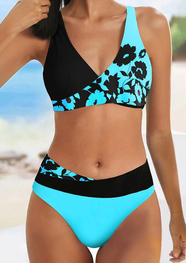 Color Block Floral Criss-Cross Halter Bikini Set - Blue