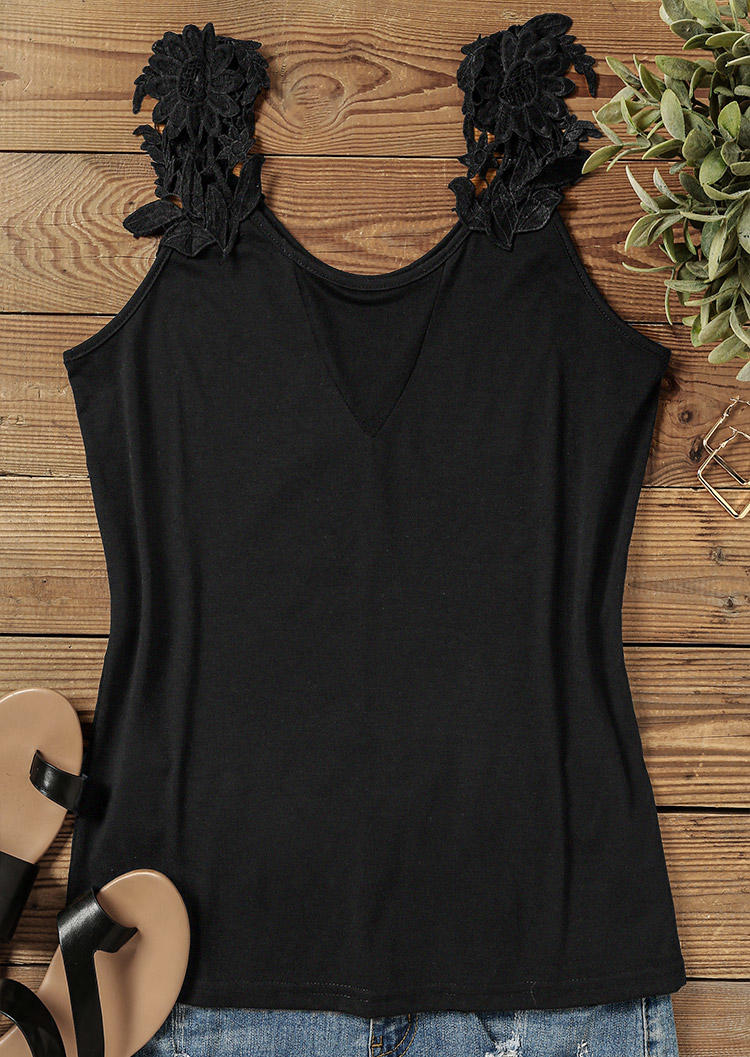 

Tank Tops Lace Splicing Hollow Out Tank Top in Black. Size