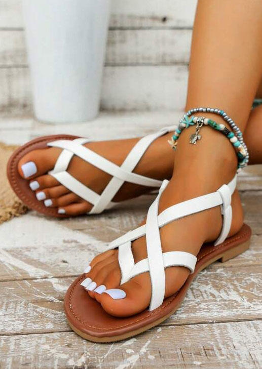 Criss-Cross Toe Ring Flat Sandals - White