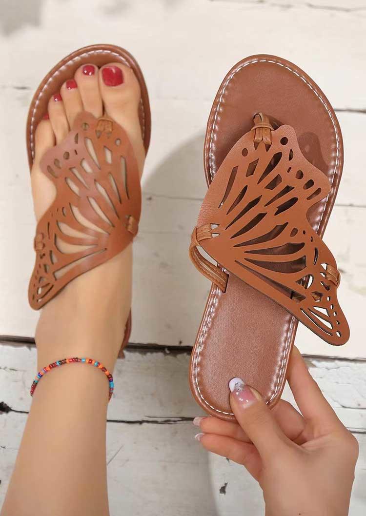 Butterfly Hollow Out Flip Flops Flat Slippers - Light Brown