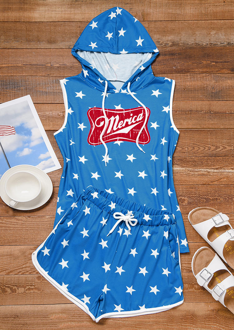 

Sleepwear Merica Star Hooded Tank And Shorts Pajamas Set in Blue. Size: L,M,,XL