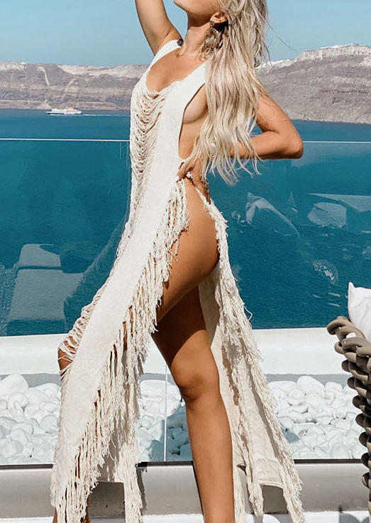 

Cover Ups Cut Out Tassel Sleeveless Cover Up Dress in White. Size
