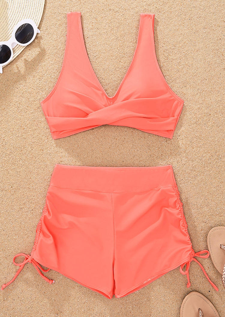 

Bikini Sets Ruched Lace Up Drawstring Bikini Set in Orange. Size