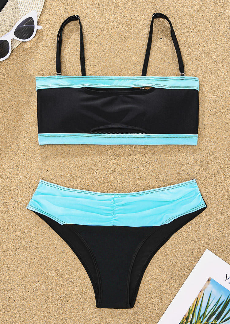 

Bikini Sets Color Block Hollow Out Ruched Strapless Bandeau Bikini Set in Black. Size: L,M,,XL