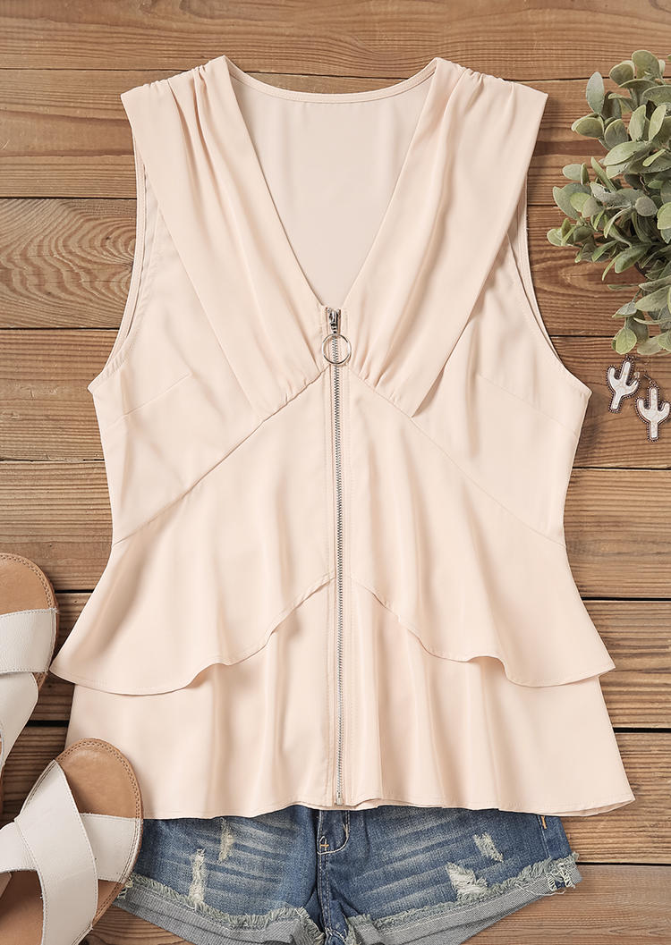 

Tank Tops Ruffled Zipper V-Neck Tank Top in Apricot. Size
