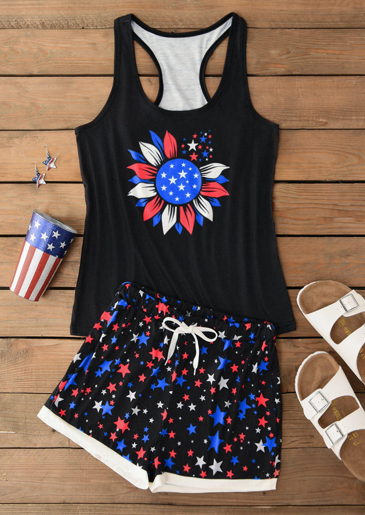 

Sleepwear Sunflower Tank And American Flag Shorts Pajamas Set in Black. Size: L