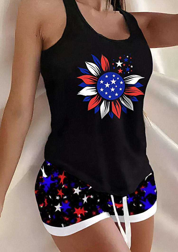 Sunflower Tank And American Flag Shorts Pajamas Set - Black