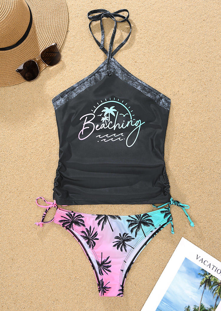 

Tankinis Beaching Coconut Tree Gradient Halter Tankini Set in Black. Size