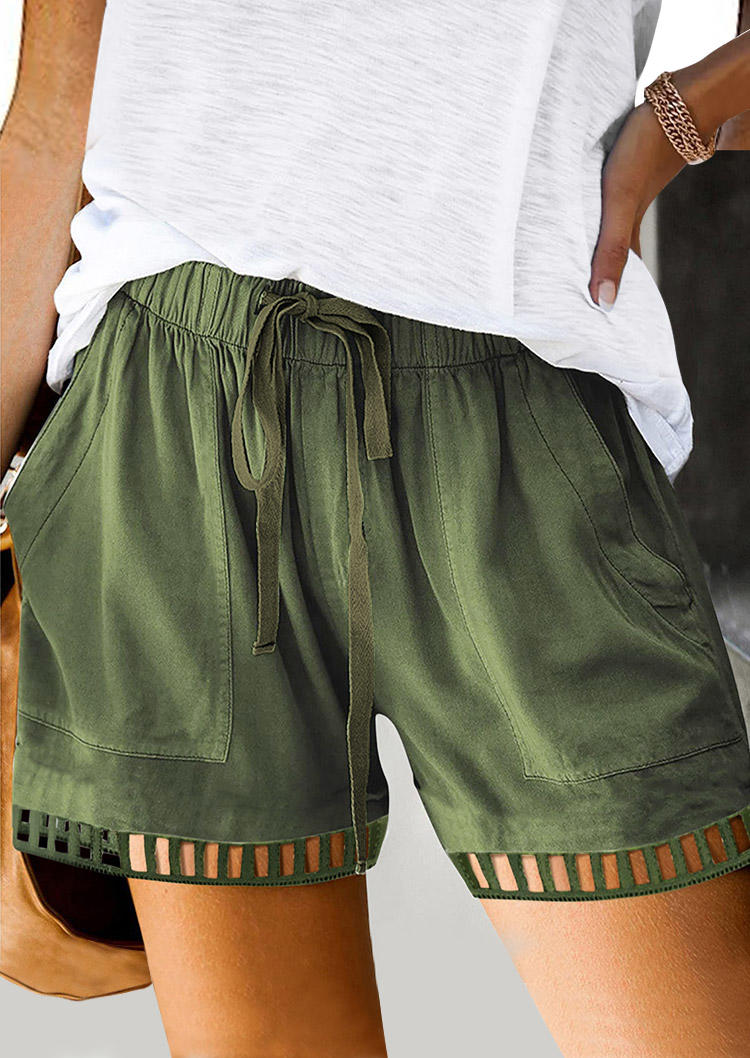 Hollow Out Pocket Drawstring Shorts - Green