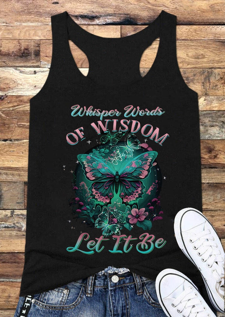 

Tank Tops Whisper Words Of Wisdom Let It Be Butterfly Racerback Tank Top in Black. Size