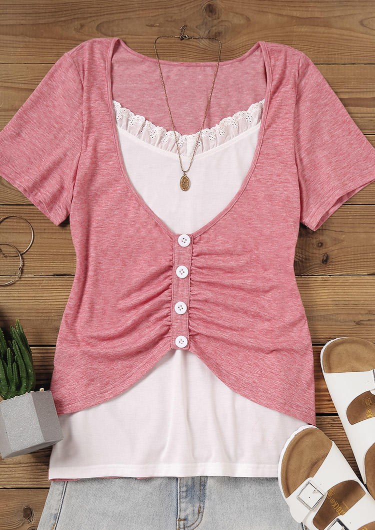 

Blouses Button Ruched Fake Two-Piece Blouse in Multicolor. Size: L,M,,XL