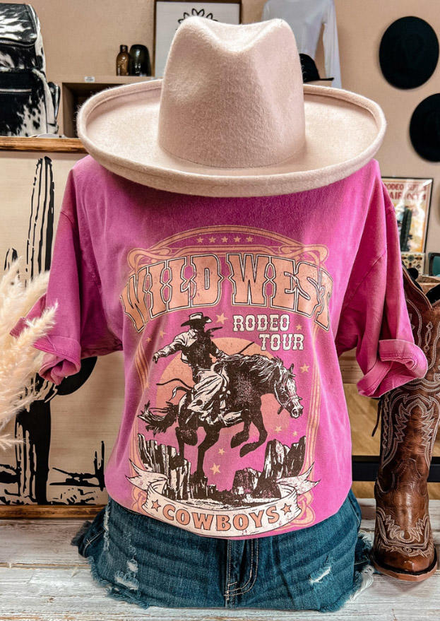 

T-shirts Tees Wild West Rodeo Tour Cowboys O-Neck T-Shirt Tee - Rose Red in Red. Size: L,,XL