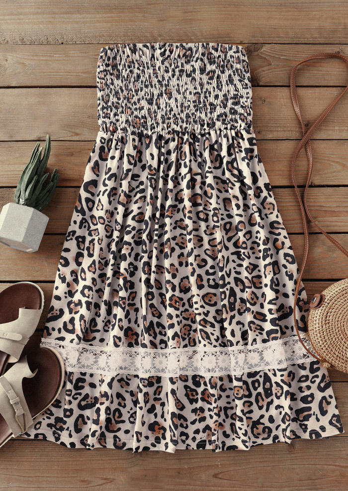 

Mini Dresses Leopard Lace Splicing Smocked Strapless Bandeau Mini Dress in Multicolor. Size: L,M,,XL