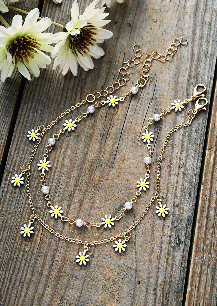 

Body Jewelry 2Pcs Daisy Alloy Anklet Set in Gold. Size
