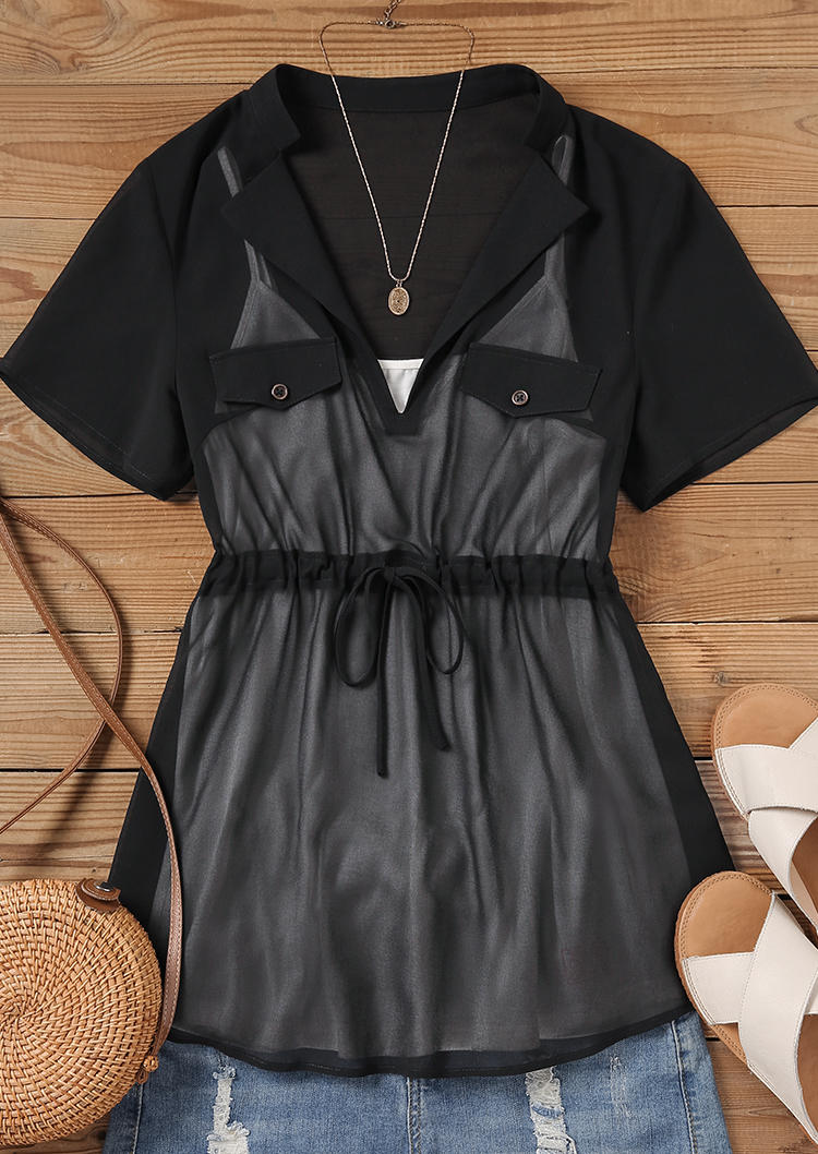 

Blouses 2Pcs Drawstring Fake Pocket Chiffon Blouse in Multicolor. Size: L,M,,XL