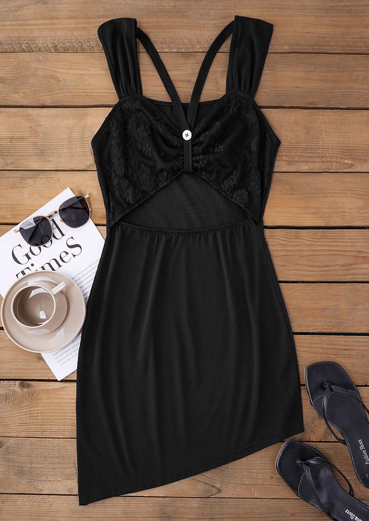 

Bodycon Dresses Lace Splicing Hollow Out Button Irregular Hem Bodycon Dress in Black. Size: L,M,,XL