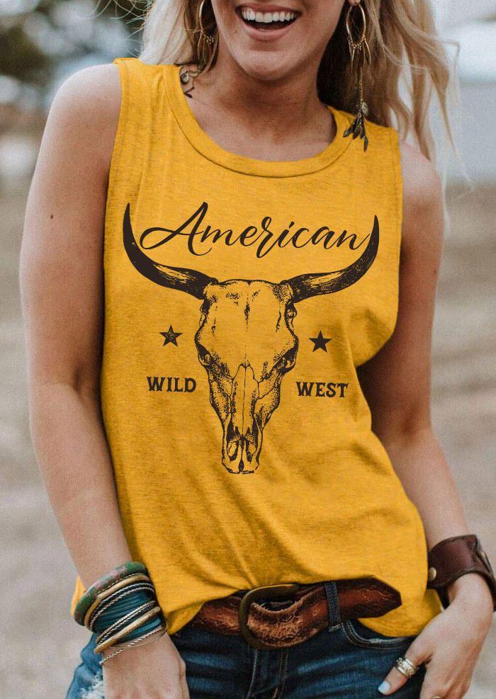 

Tank Tops American Wild West Star Steer Skull Tank Top in Yellow. Size: M