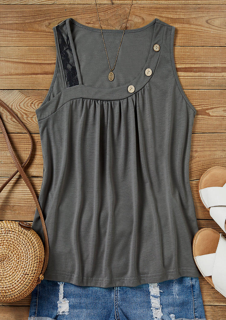 

Tank Tops Button Ruffled Lace Splicing Tank Top in Gray. Size: L,M,,XL