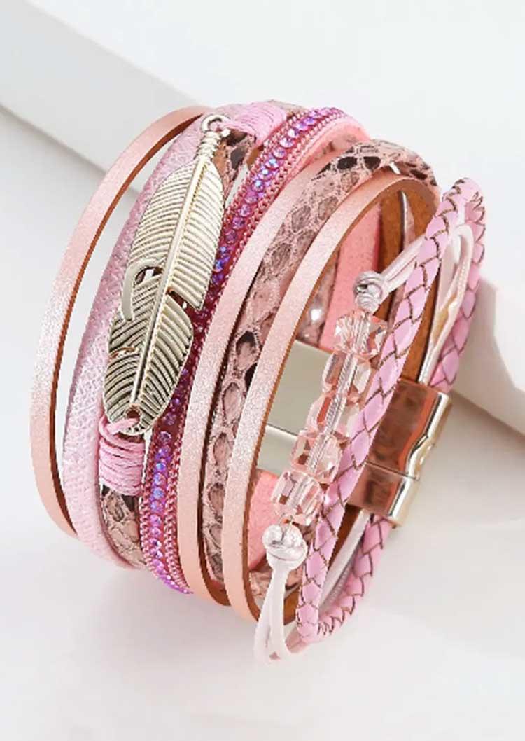 

Bracelet Feather Rhinestone Magnetic Buckle Bracelet in Pink. Size