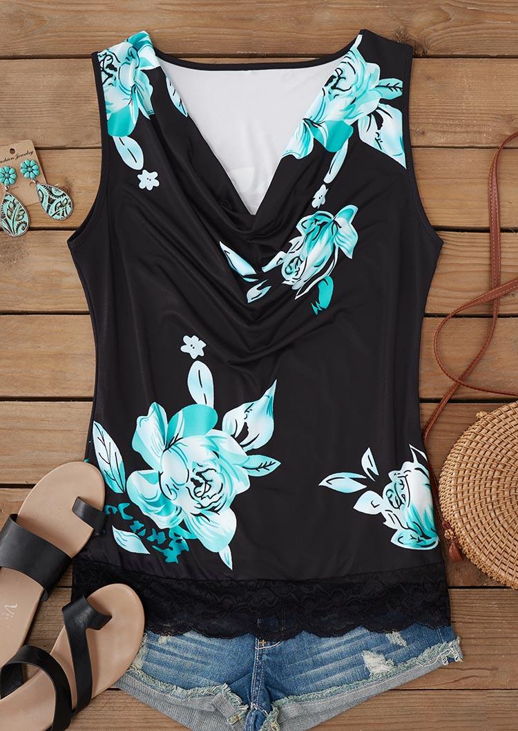 

Tank Tops Floral Lace Splicing Cowl Neck Tank Top in Blue. Size