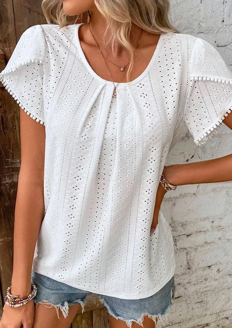 

Blouses Pom Pom Hollow Out Ruffled Petal Sleeve Blouse in White. Size: L