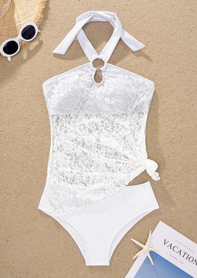 

Tankinis Lace Splicing Hollow Out Halter Tankini Set in White. Size: L,M,,XL