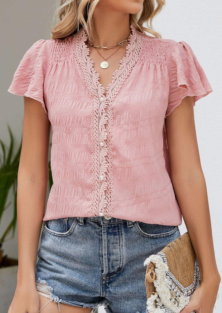 

Blouses Smocked Button Lace Splicing Blouse in Pink. Size