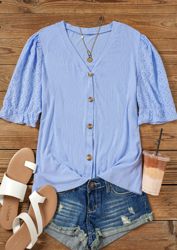 

Blouses Button Ruffled Hollow Out Blouse - Sky Blue in Blue. Size: ,XL