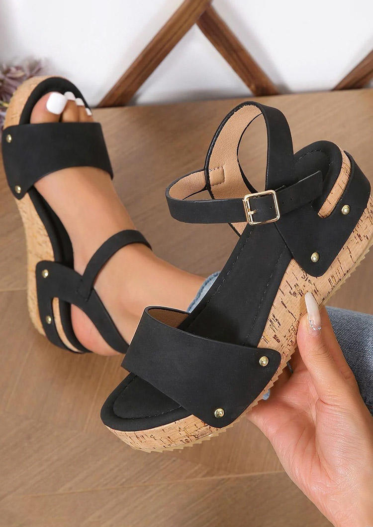Rivet Buckle Wedges Sandals - Black