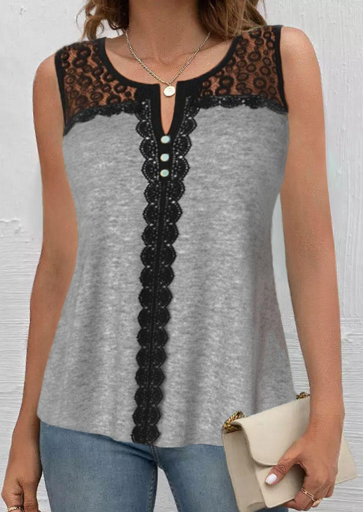 

Tank Tops Lace Splicing Button Notched Collar Tank Top in Multicolor. Size: L,M,,XL