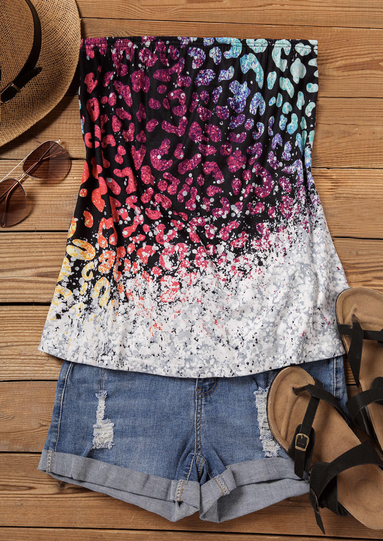 

Tank Tops Gradient Leopard Strapless Bandeau Tank Top in Multicolor. Size: L,M