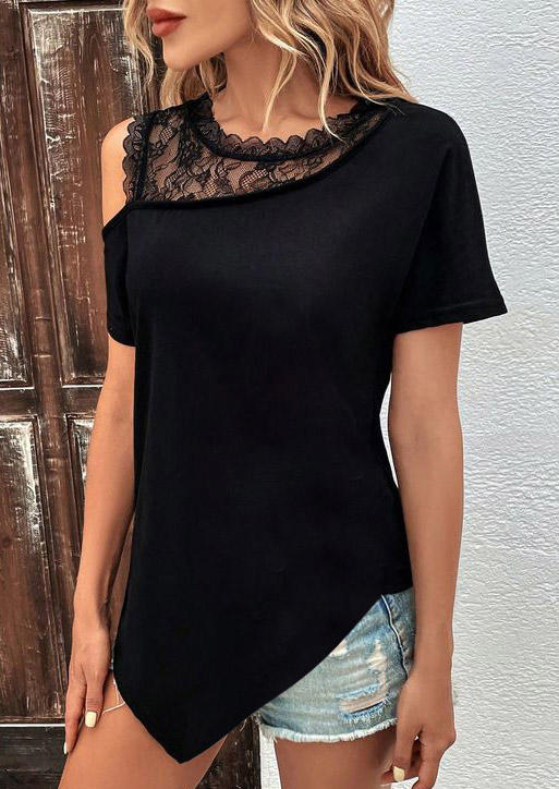 

Blouses Lace Cut Out Irregular Hem Blouse in Black. Size