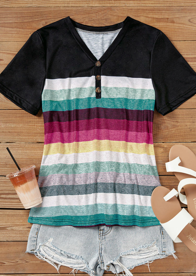 

Blouses Colorful Striped Button V-Neck Blouse in Multicolor. Size: L,,XL