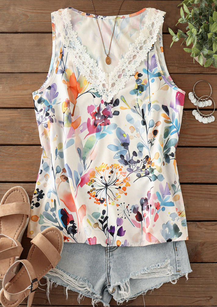 

Tank Tops Lace Splicing Floral V-Neck Tank Top in Multicolor. Size: L,M,,XL