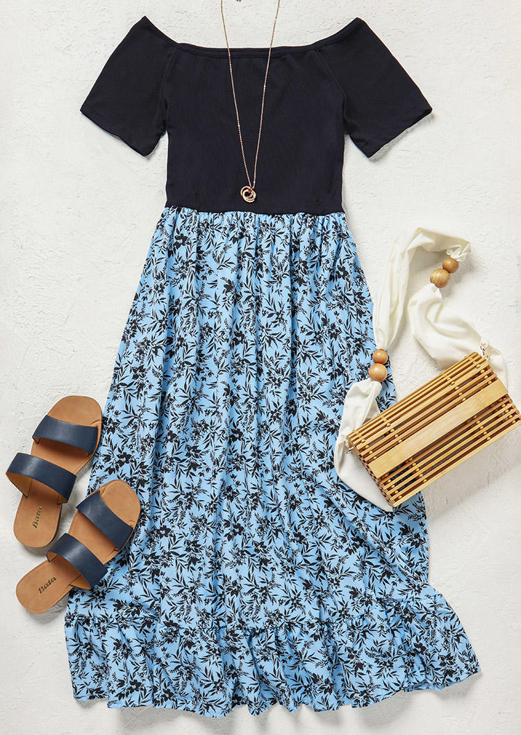 

Midi Dresses Floral Ruffled Off Shoulder Midi Dress in Blue. Size