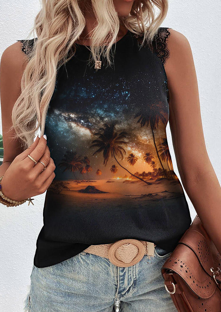 

Tank Tops Starry Sky Coconut Tree Lace O-Neck Tank Top in Black. Size