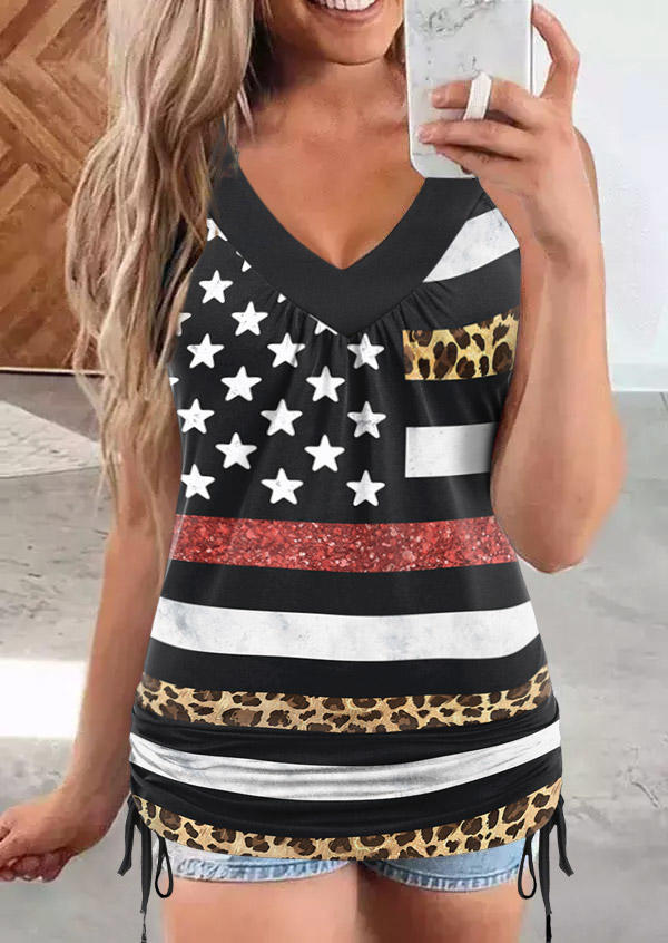 

Tank Tops American Flag Leopard Glitter Lace Splicing Racerback Tank Top in Multicolor. Size: L,M