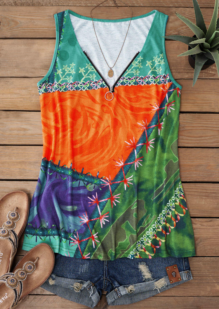 

Tank Tops Zipper Ruffled Ethnic Tank Top in Multicolor. Size: L,M