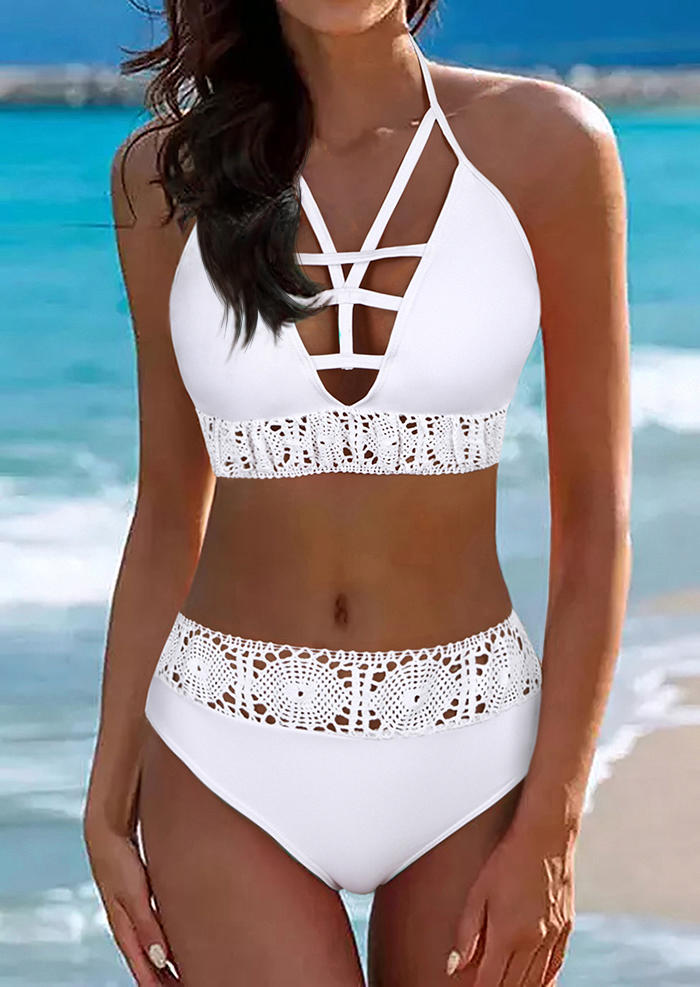 Lace Splicing Hollow Out Bikini Set - White