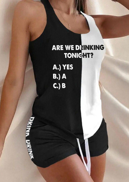 Are We Drinking Tonight Color Block Racerback Tank And Shorts Pajamas Set