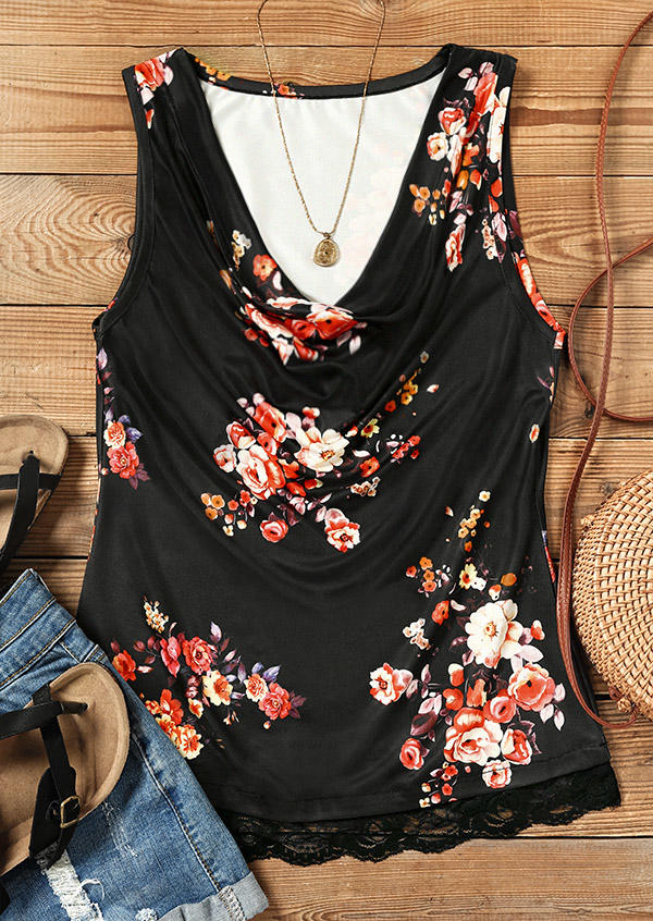 

Tank Tops Floral Lace Splicing Cowl Neck Tank Top in Black. Size