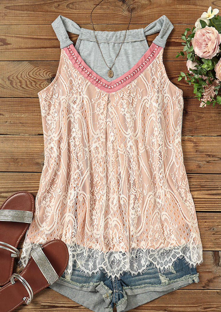 

Tank Tops Lace Splicing Ruffled V-Neck Tank Top in Multicolor. Size
