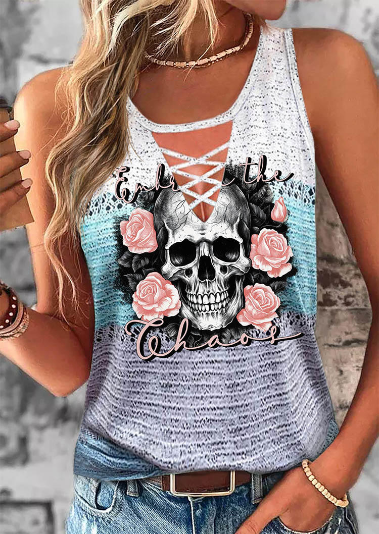 

Tank Tops Embrace the Chaos Rose Skull Criss-Cross Hollow Out Tank Top in Multicolor. Size: L,M,,XL