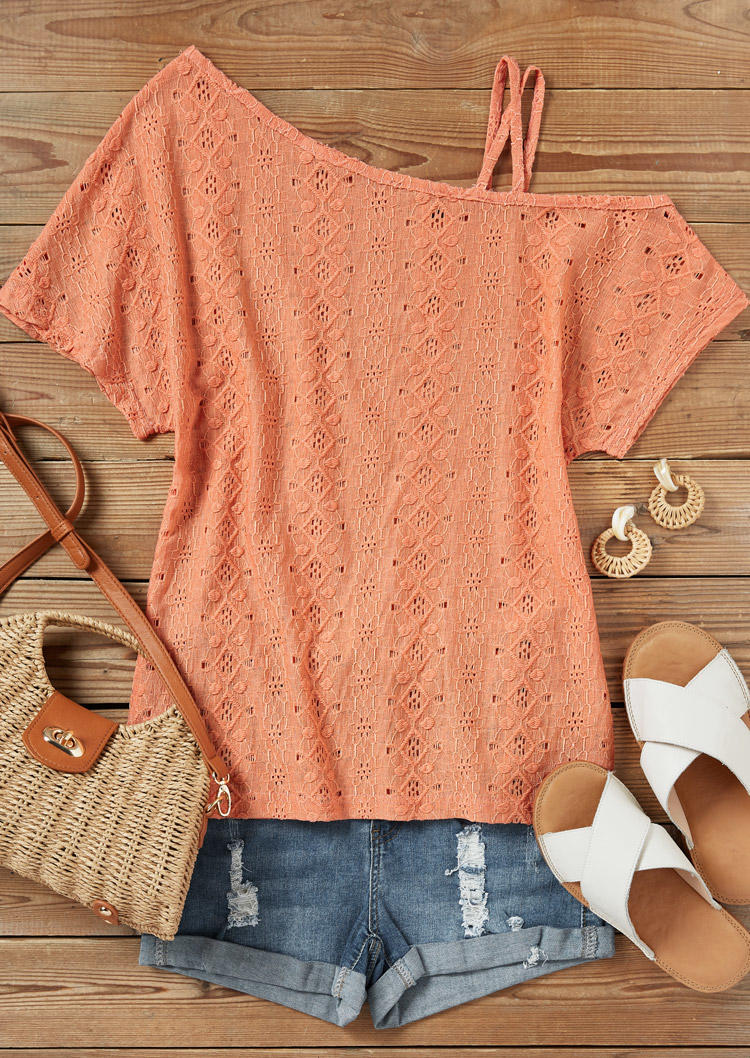 

Blouses Criss-Cross Hollow Out One Sided Cold Shoulder Blouse in Orange. Size: L,M,,XL