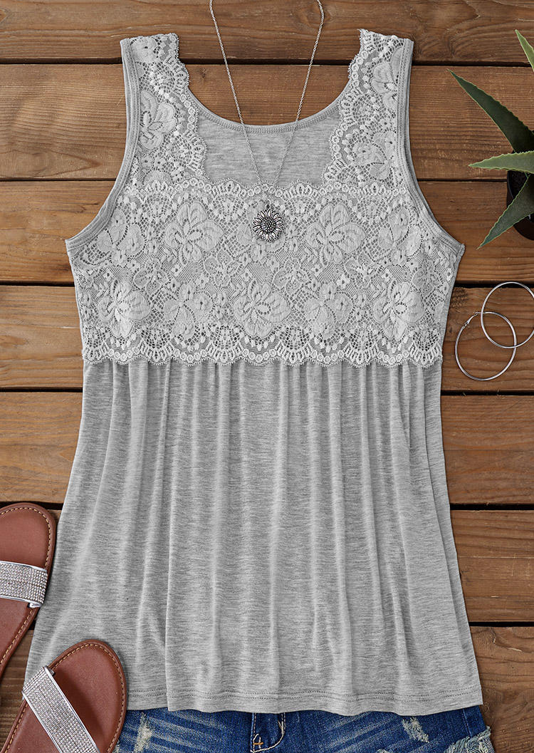 

Tank Tops Lace Splicing Ruffled Modal Tank Top in Gray. Size
