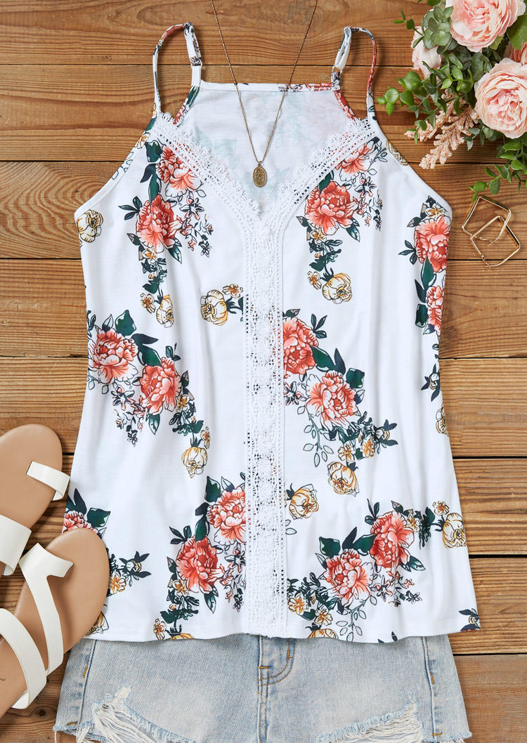 

Tank Tops Floral Lace Splicing V-Neck Camisole in White. Size