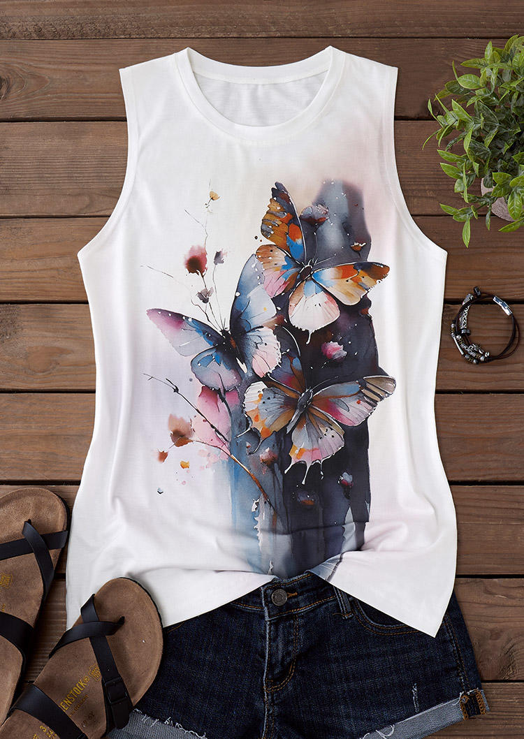 

Tank Tops Watercolor Butterfly O-Neck Tank Top in Multicolor. Size: L,,XL