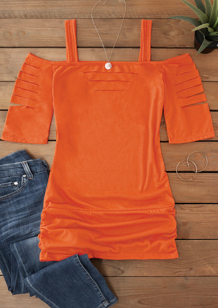 

Blouses Cut Out Cold Shoulder Square Collar Blouse in Orange. Size